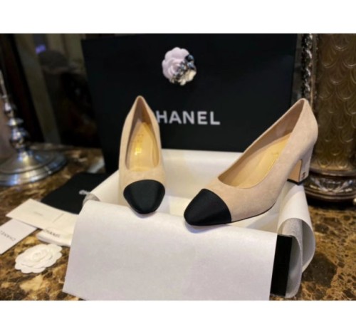 (HappyShoese공장) C.CC로고 스웨이드 배색 베이지 청키 구두
