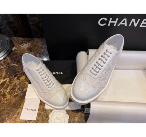 (HappyShoese공장) C.금색 CC로고 레더 트위드 옥스퍼드 슈즈 더비 슈즈 화이트