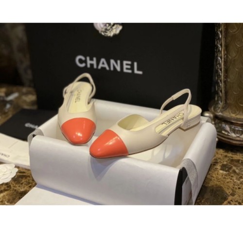 (HappyShoese공장) C.레더 배색 CC 로고 샌들 로우힐 슬링백 3컬러