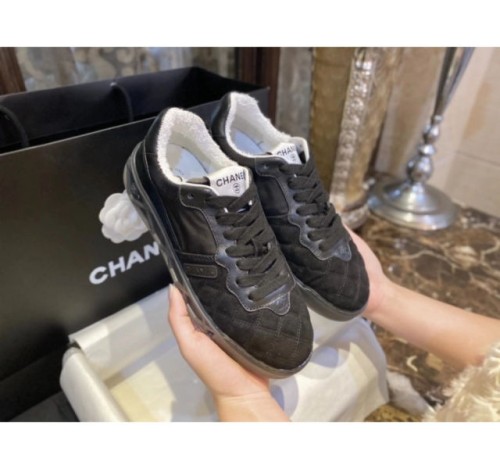 (HappyShoese공장) C.모노그램 스웨이드 퀼팅 레이스업 스니커즈 블랙