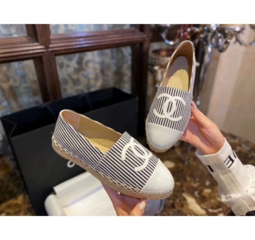 (HappyShoese공장) C.캔버스 화이트 CC 로고 배색 스트라이프 에스파드리유 검흰