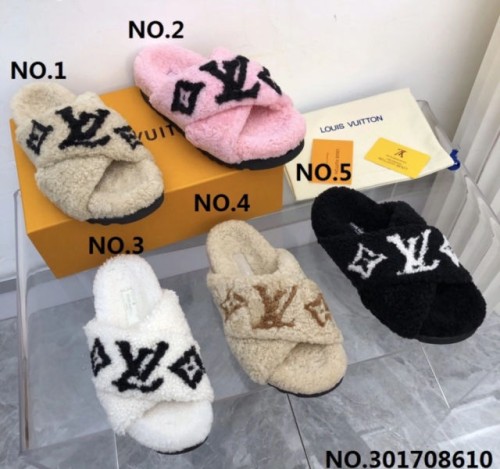 (AN3공장) L. LV 로고 양털 X형 슬리퍼 5컬러 (여성용)