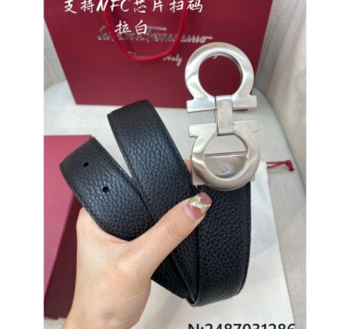 살바토레페라가모 실버 버클 가죽 블랙 벨트 3.5cm