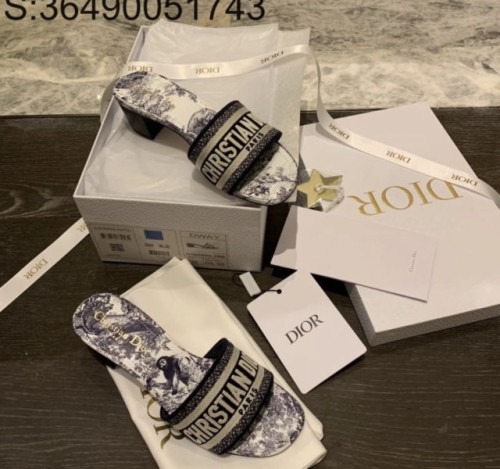 [QR 5009] D. Christian Dior 자수 Toile de Jouy 통굽 슬리퍼 5cm 네이비